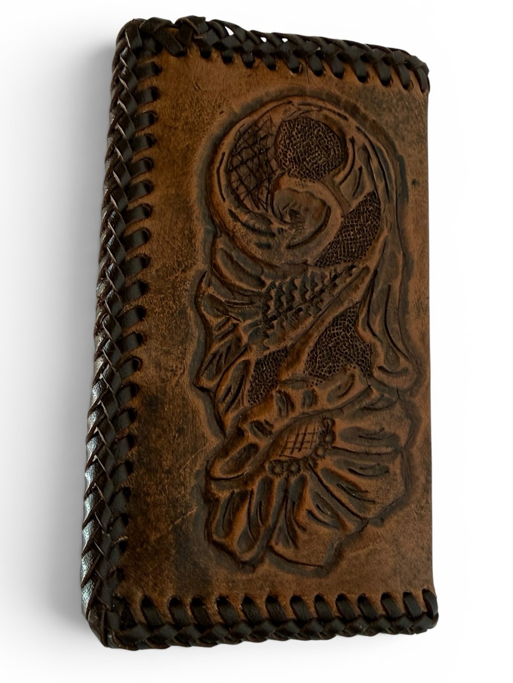 Vintage Hand Tooled Leather Business Card Holder Wallet Whipstitched Floral Brow - Picture 2 of 6